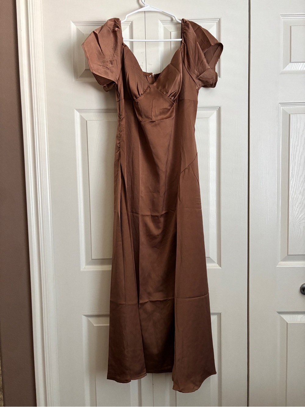 bohme Brown Satin Maxi Dress with Puff Sleeves